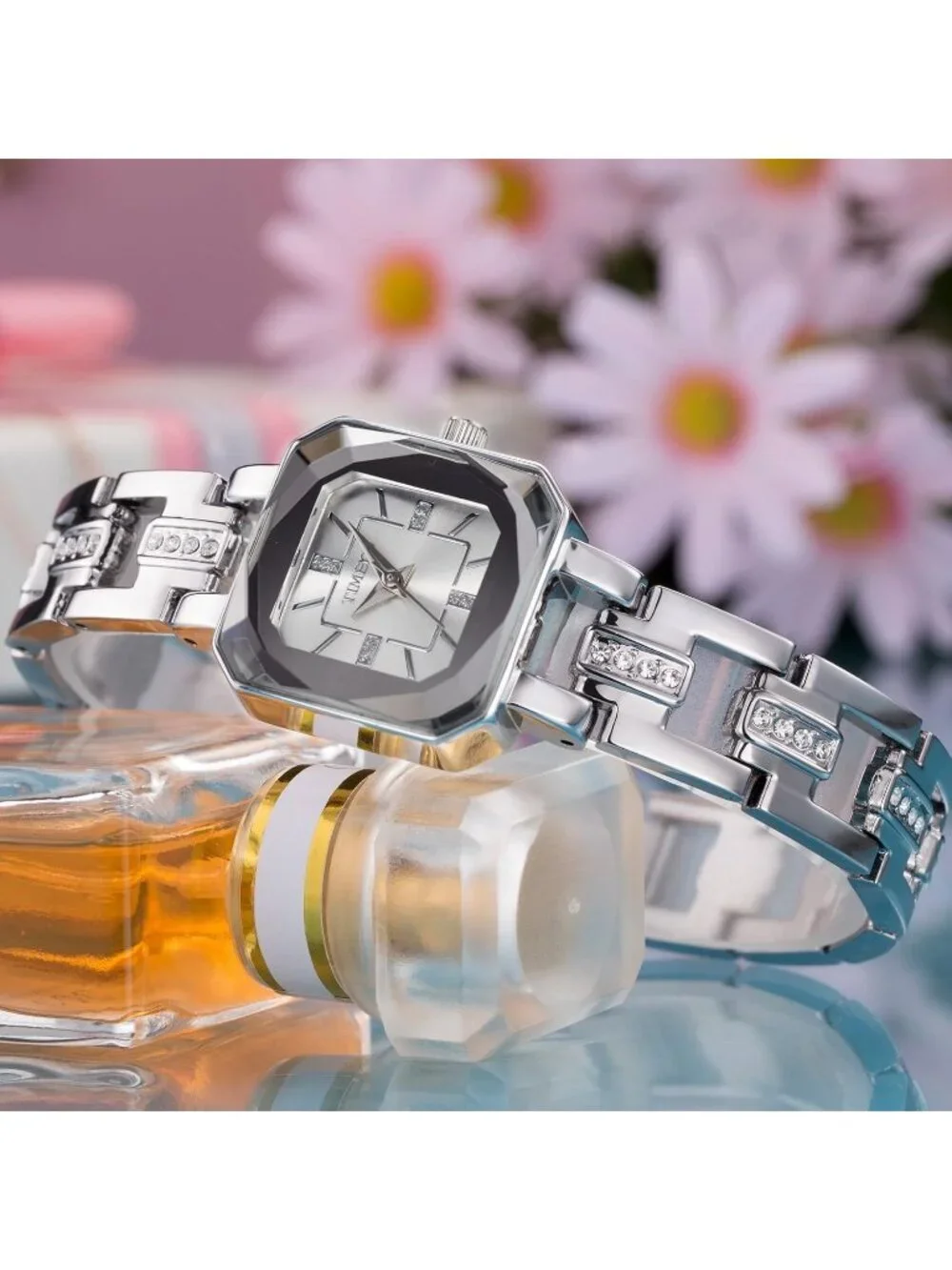 Women All Silver Analog Quartz Diamonds Waterproof Movement Bracelet Wrist Watch